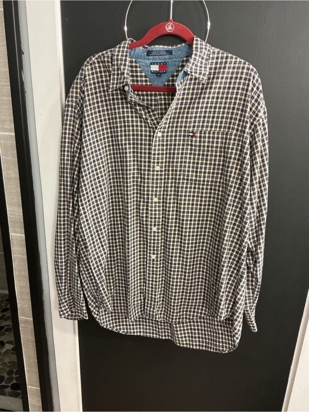 Tommy Hilfiger Men's Blue and White Checked Button-Down Shirt